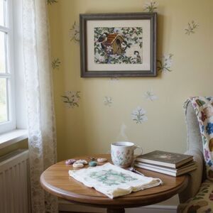 Vintage Sparrows Birdhouse Apple Cherry Tree Blossoms Needlepoint Mat Glass EUC